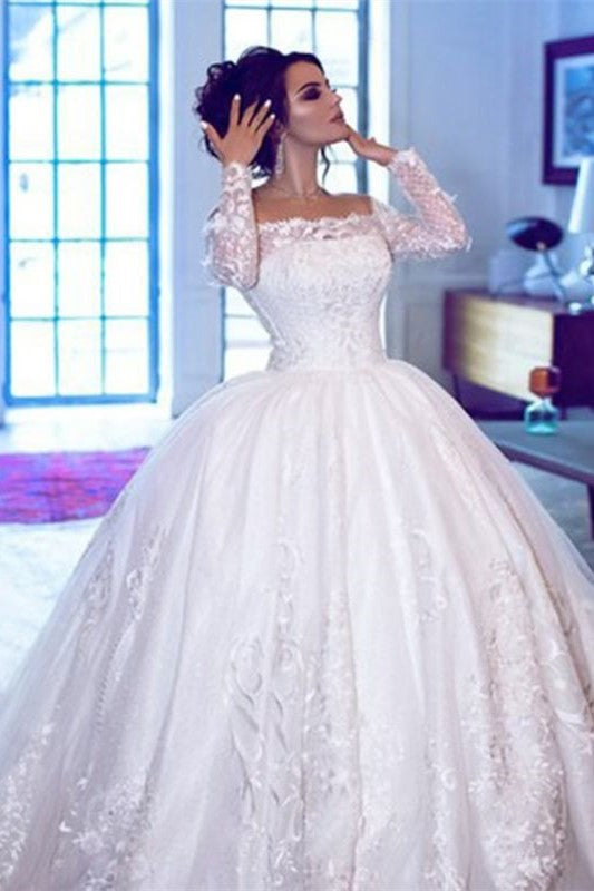 Glamorous Off Shoulder Long Sleeves Wedding Dresses  | Lace Brial Ball Gowns