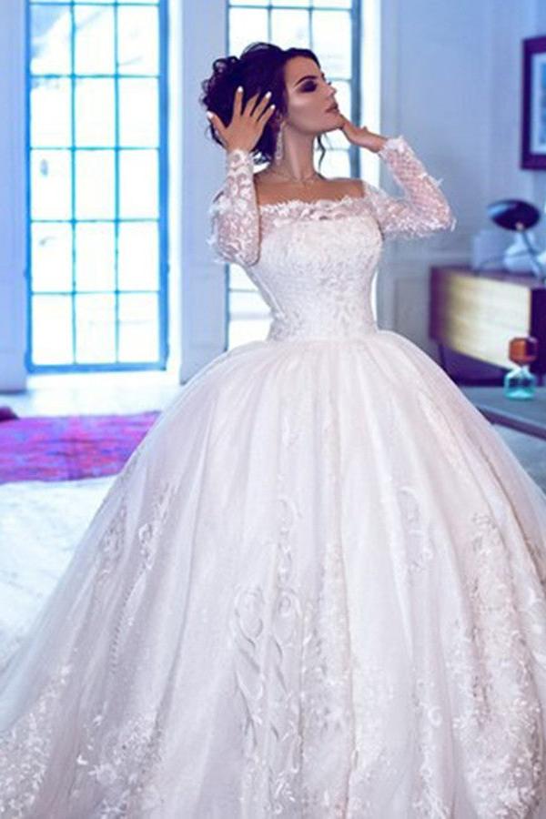 Glamorous Off Shoulder Long Sleeves Wedding Dresses  | Lace Brial Ball Gowns