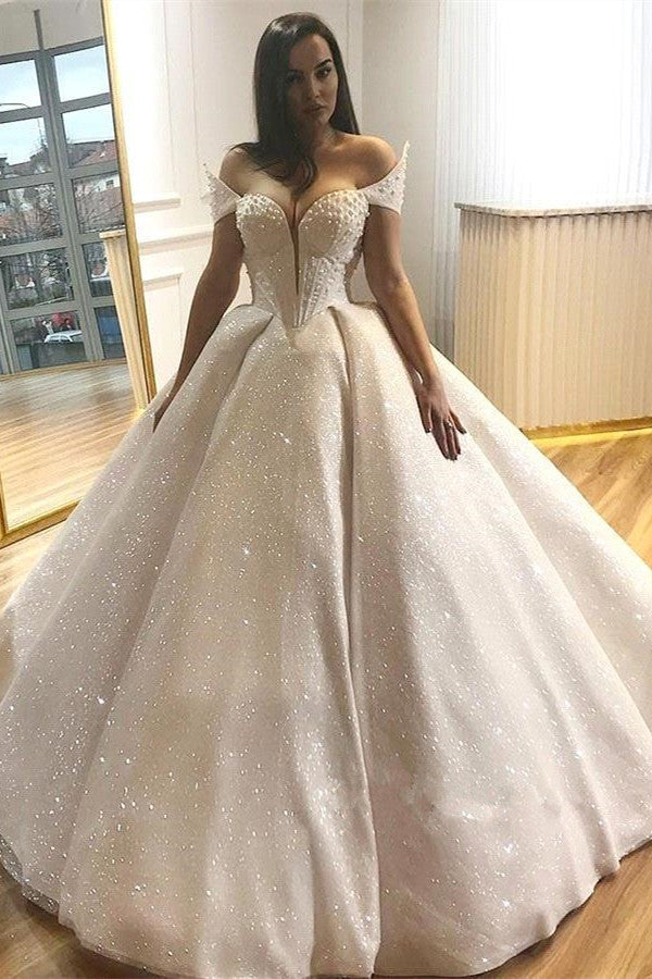Glamorous Off-the-Shoulder Beading Wedding Dresses |  Sequins Ball Gown Bridal Gowns