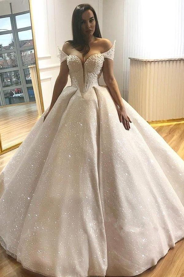 Glamorous Off-the-Shoulder Beading Wedding Dresses |  Sequins Ball Gown Bridal Gowns