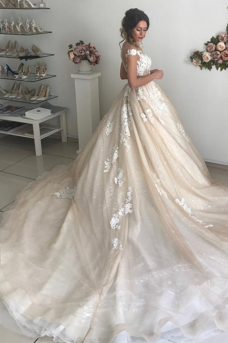 Glamorous Off-the-Shoulder Lace Appliques Wedding Dresses |  Ivory Bridal Ball Gowns with Buttons