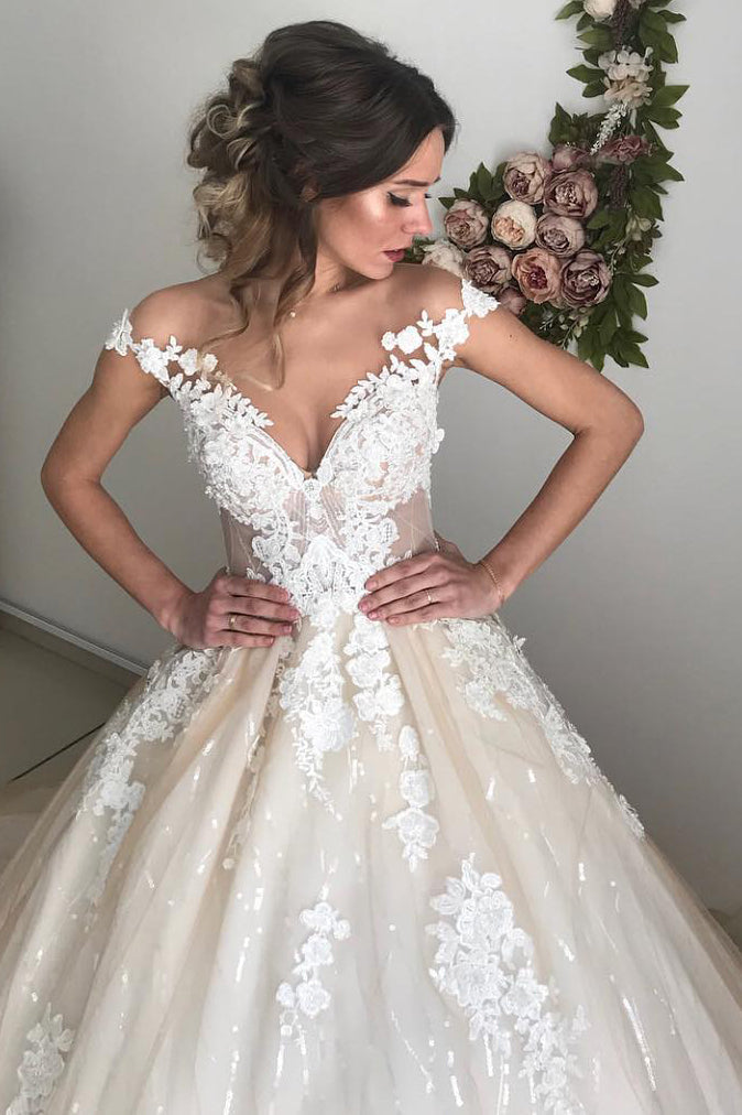 Glamorous Off-the-Shoulder Lace Appliques Wedding Dresses |  Ivory Bridal Ball Gowns with Buttons
