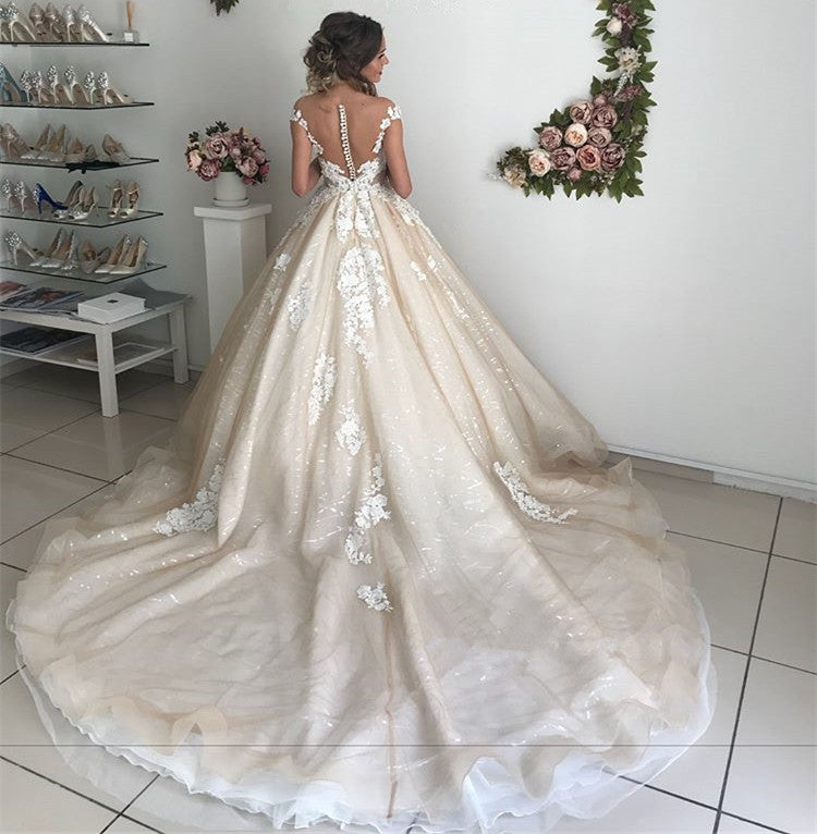 Glamorous Off-the-Shoulder Lace Appliques Wedding Dresses |  Ivory Bridal Ball Gowns with Buttons