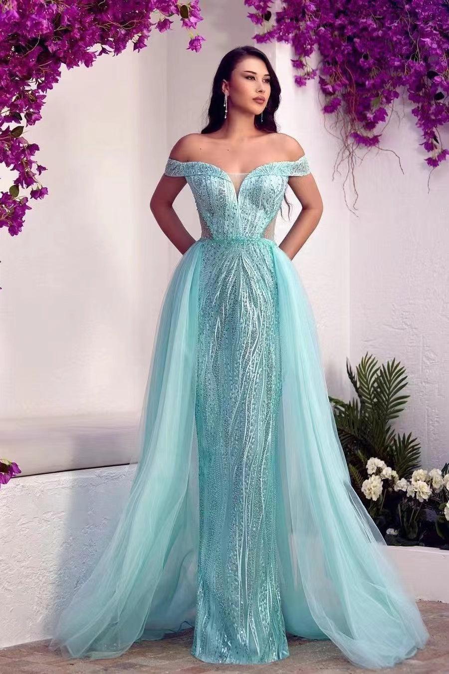 Glamorous Off the Shoulder Prom Dress Tulle Evening Formal Dress With Sequins
