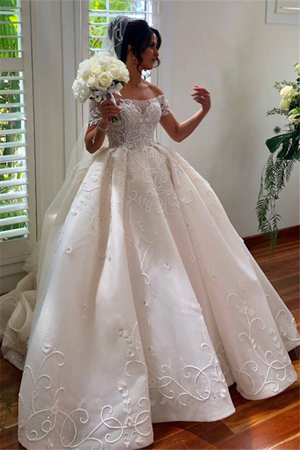 Glamorous Off-the-shoulder Ball Gown Wedding Dresses | Appliques Sweep Train Bridal Dresses