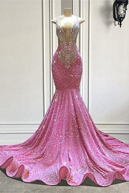 Glamorous Pink Sequined Sleeveless Straps Long Beading Mermaid Prom Dresses