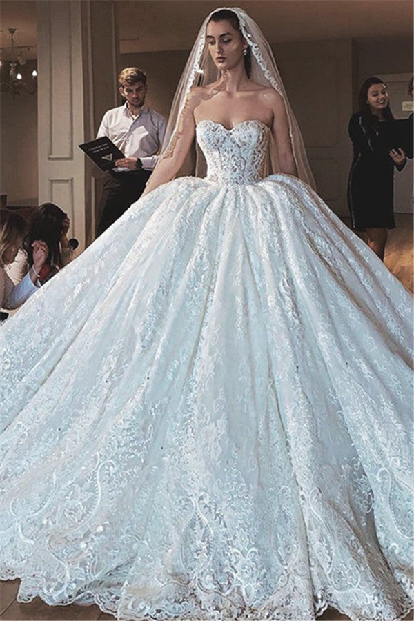 Glamorous Sexy Strapless Lace Appliques Ball Gown Wedding Dresses Online
