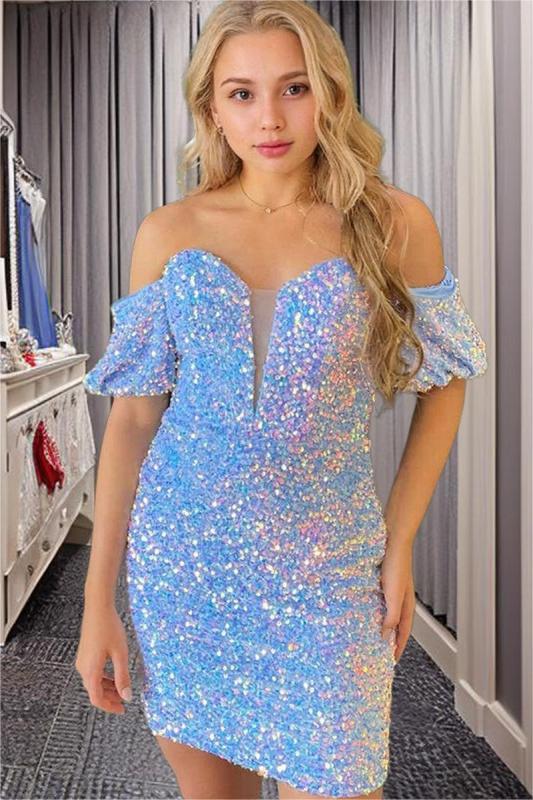 Glamorous Sky Blue Sequins Off the Shoulder Sweetheart Short Homecoming Dress