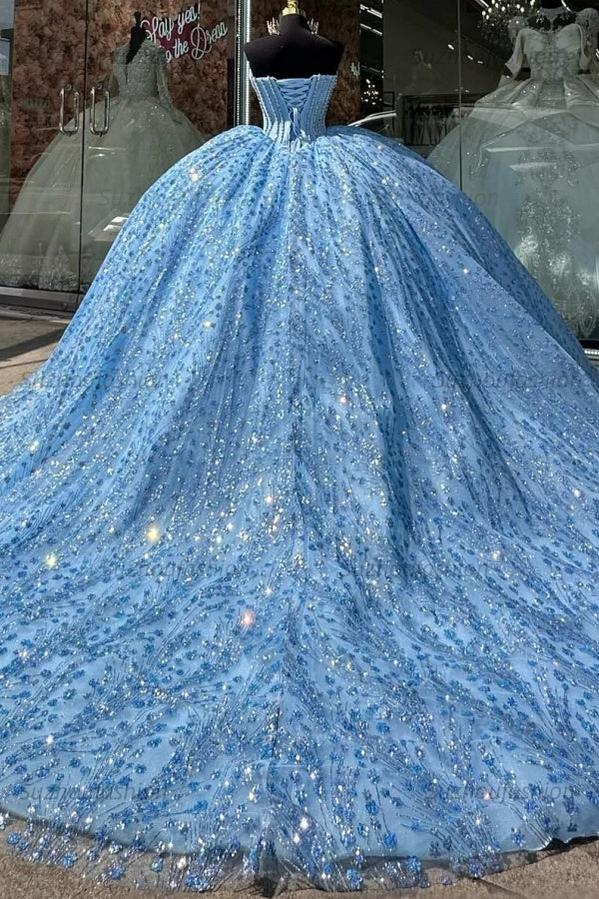 Glamorous & Sparkly Ball Gown Boat Neck Sleeveless Lace Up Sweep Train Beaded Pleated Sequins Lace Appliques Sky Blue Tulle Quinceanera Dress Formal Birthday Party Gown For Sweet 16