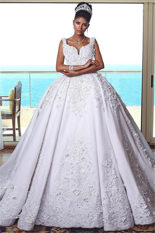 Glamorous Straps Lace Wedding Dresses |  Sleeveless Puffy Ball Bridal Gowns