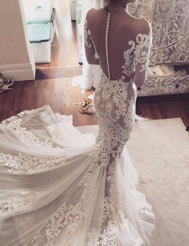 Glamorous Tulle Sexy Appliques Mermaid Long-Sleeves Wedding Dress