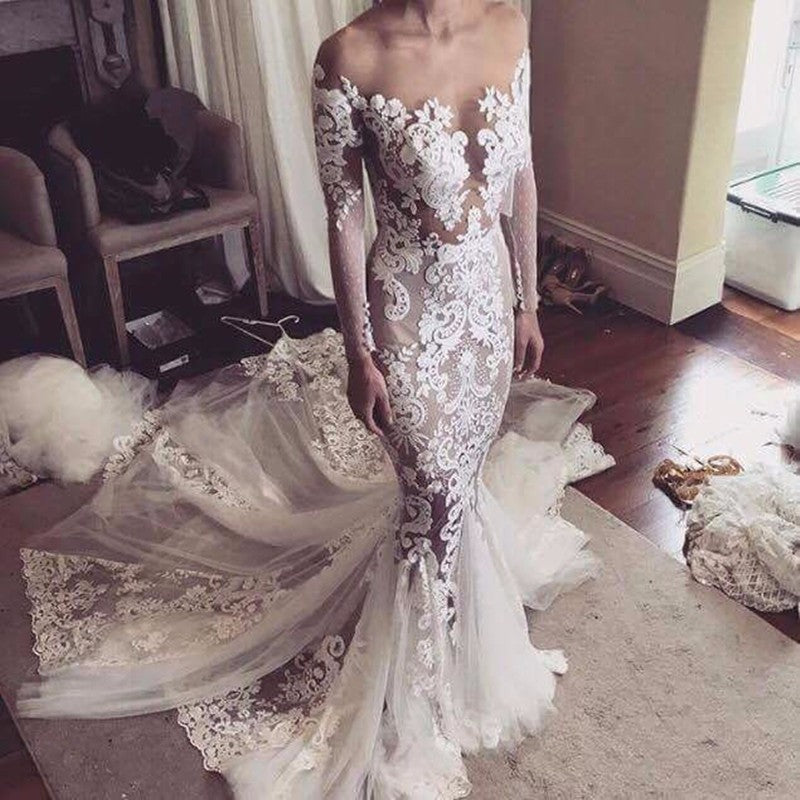Glamorous Tulle Sexy Appliques Mermaid Long-Sleeves Wedding Dress
