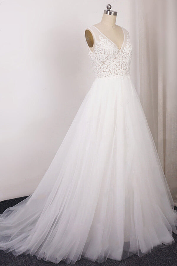 Glamorous V-neck Straps Sleeveless Wedding Dress | Appliques Tulle A-line Bridal Gowns