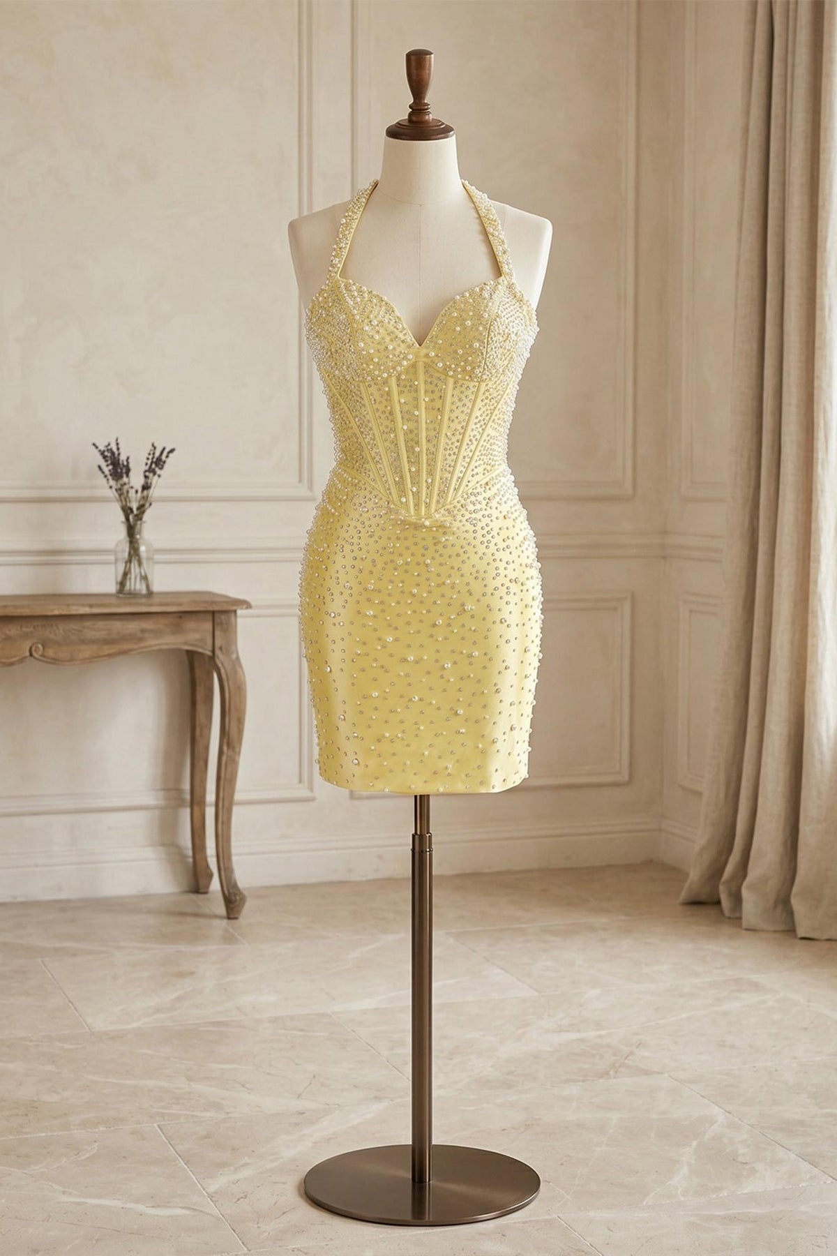 Suzhoufashion Glamorous Yellow Pearl Beaded Corset Short Homecoming Dresses