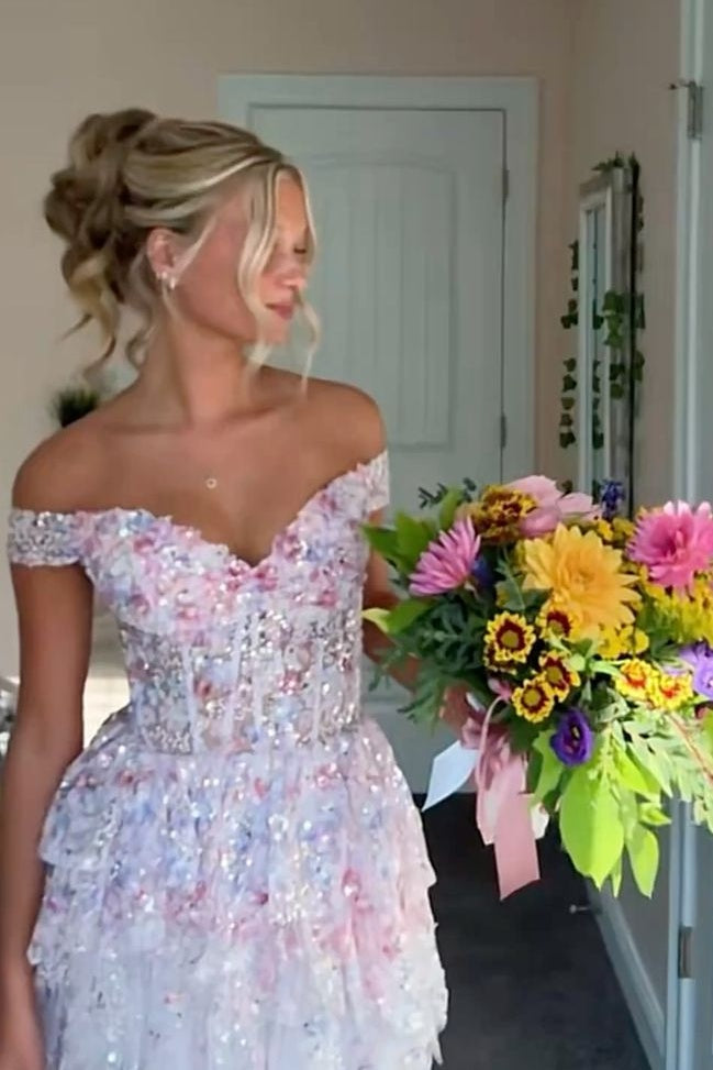 Glamorous A Line Off the Shoulder Light Pink Corset Homecoming Dress with Appliques