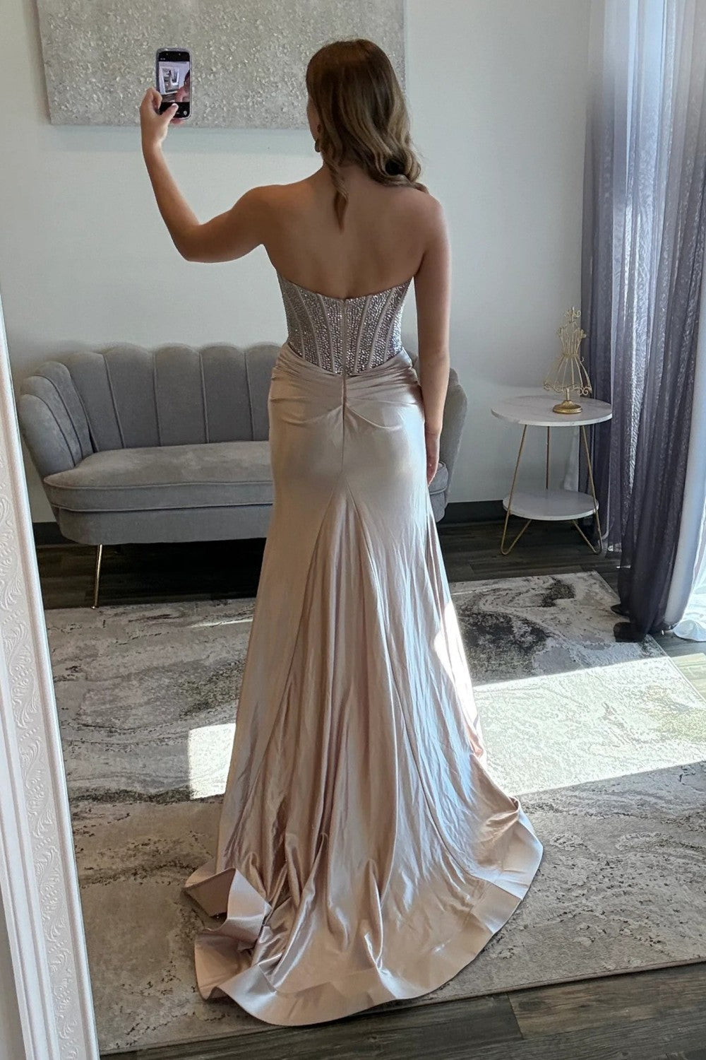 Sparkly Mermaid Sweetheart Champagne Corset Prom Dress with Beading