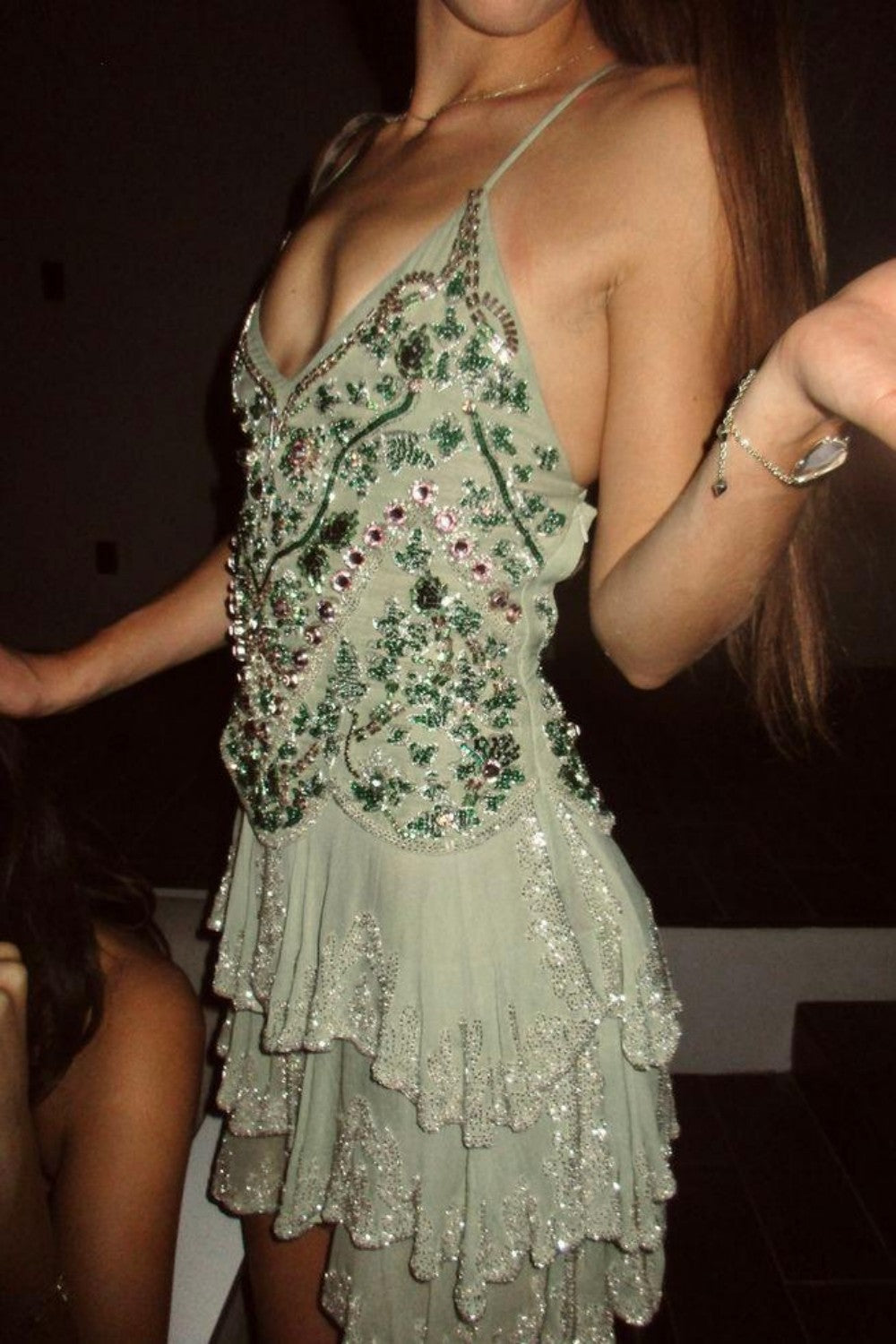 Glamorous Green Embellished Homecoming Dress with Deep V Neck and Layered Skirt Detail