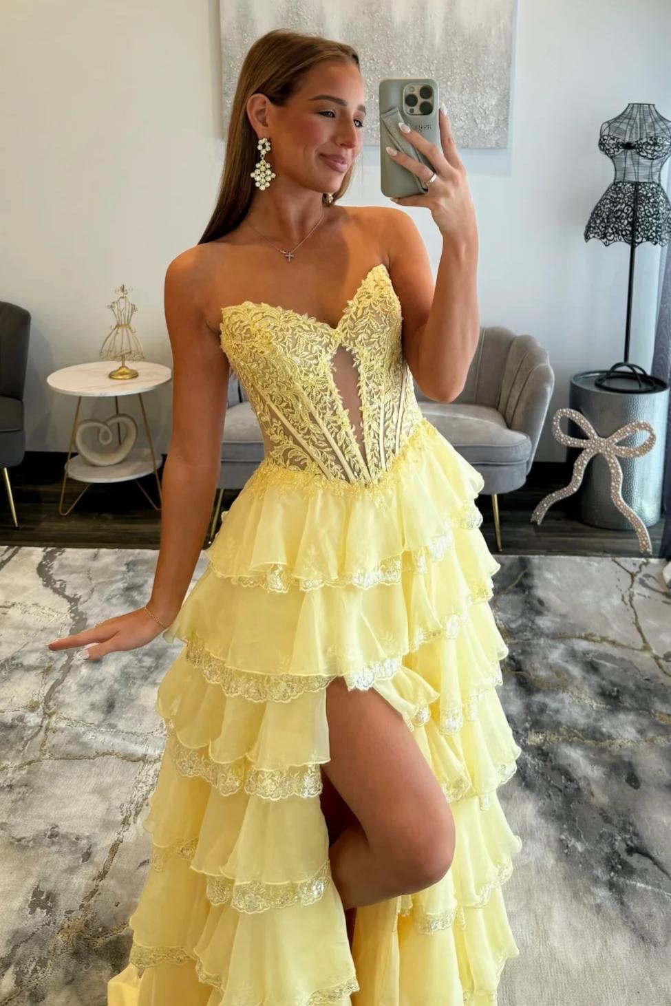 Pretty A Line Sweetheart Yellow Corset Prom Dress with Appliques Ruffles - View 5 | VelvetHem