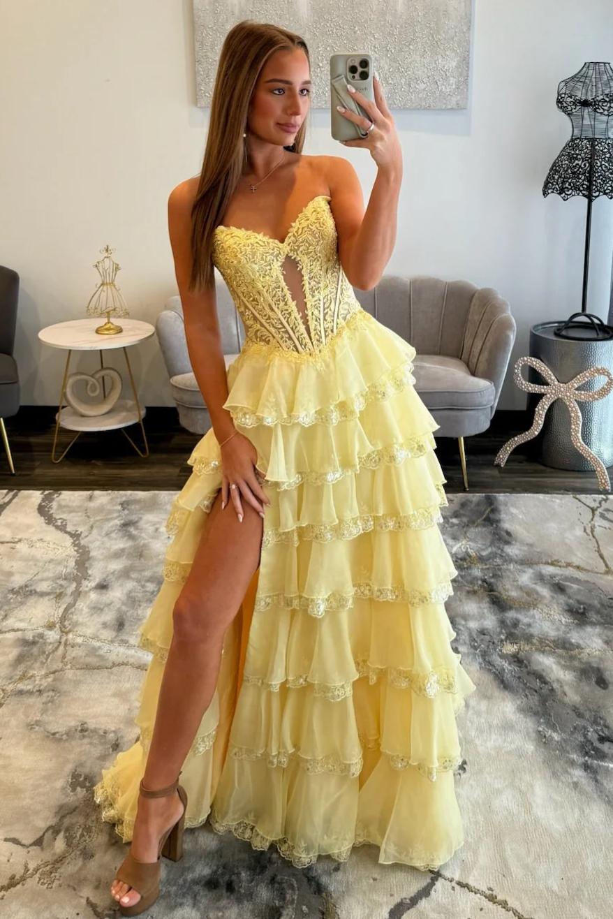 Pretty A Line Sweetheart Yellow Corset Prom Dress with Appliques Ruffles