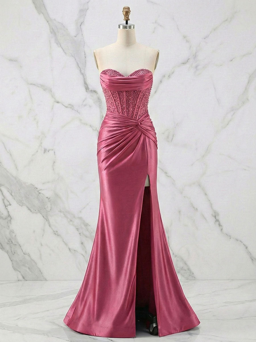 Glamorous Strapless Beaded Corset Satin Prom Dress with Slit