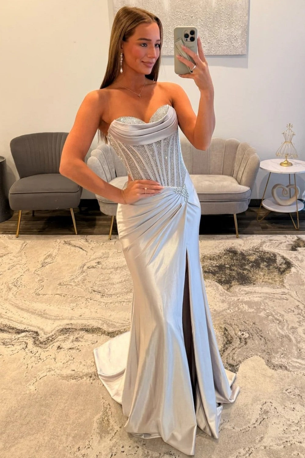 Sparkly Mermaid Sweetheart Silver Corset Prom Dress with Beading