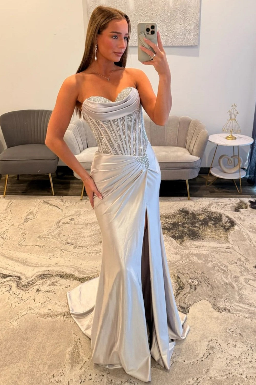 Sparkly Mermaid Sweetheart Silver Corset Prom Dress with Beading