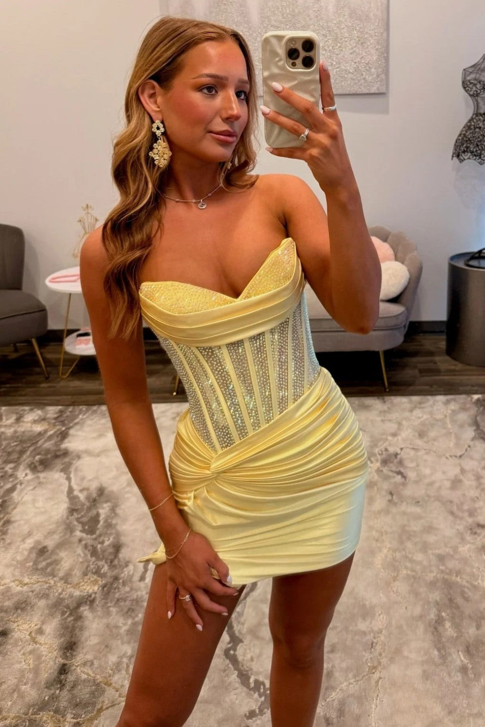 Sparkly Bodycon Sweetheart Yellow Corset Homecoming Dress with Beading