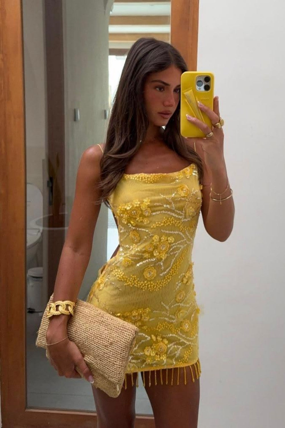 Glamorous Yellow Mini Homecoming Dress with Floral Beaded Embellishment and Fringe Trim Hem