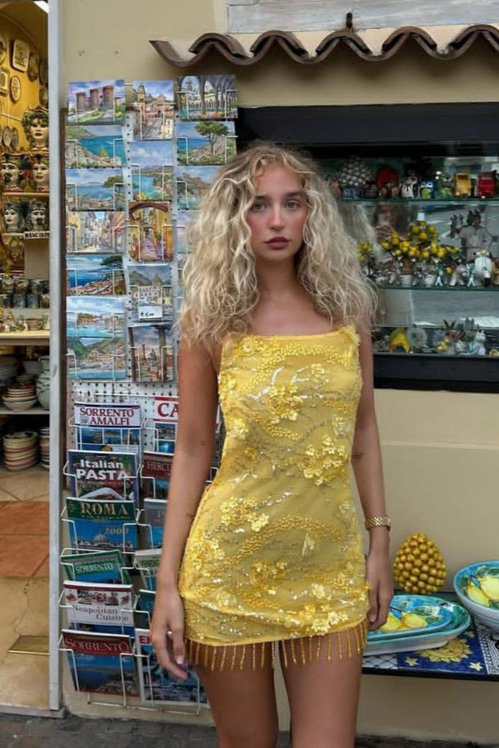Glamorous Yellow Mini Homecoming Dress with Floral Beaded Embellishment and Fringe Trim Hem