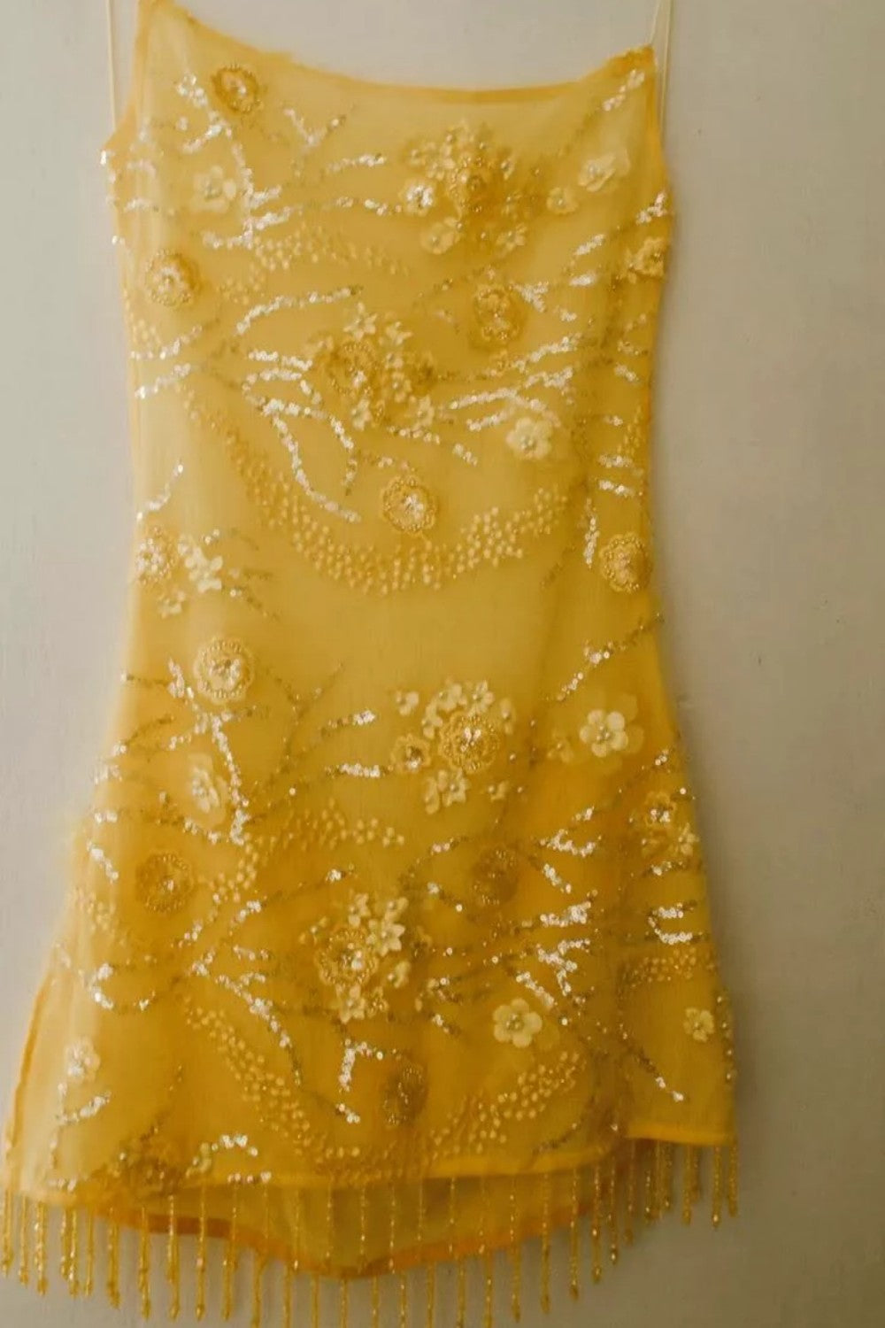 Glamorous Yellow Mini Homecoming Dress with Floral Beaded Embellishment and Fringe Trim Hem