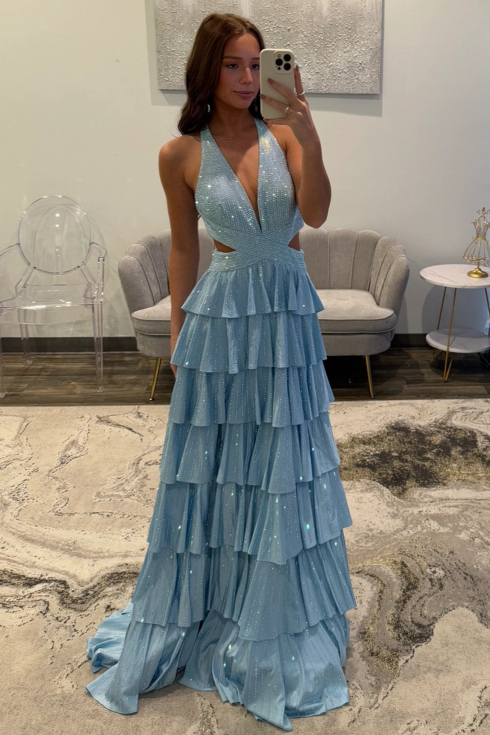 Sparkly A Line Halter Neck Long Tiered Dark Green Beaded Prom Dress with High Slit
