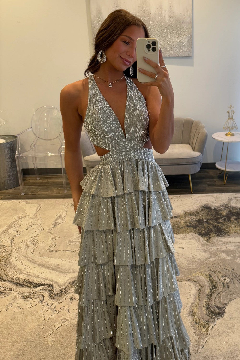 Sparkly A Line Halter Neck Long Tiered Dark Green Beaded Prom Dress with High Slit