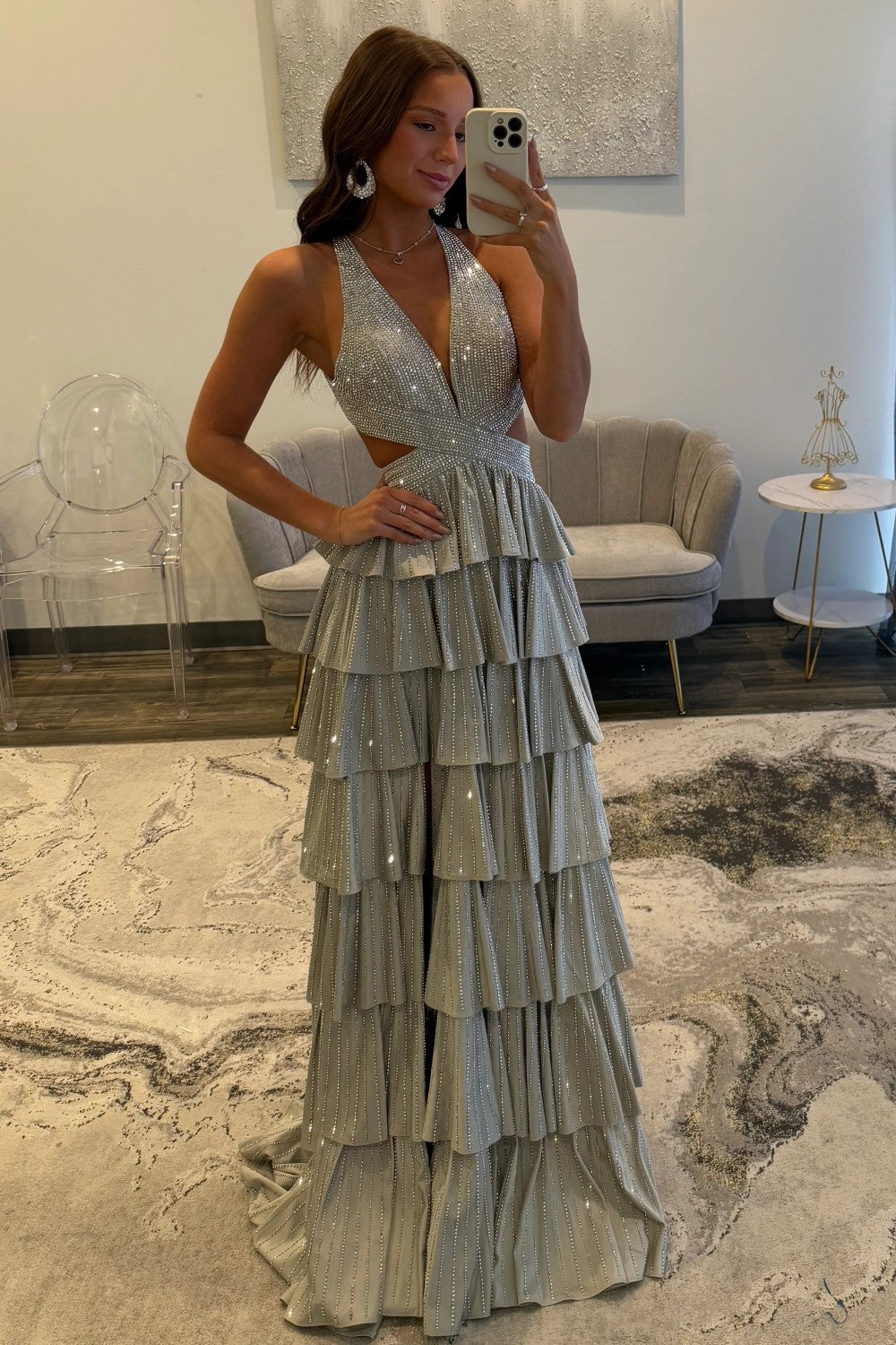 Sparkly A Line Halter Neck Long Tiered Dark Green Beaded Prom Dress with High Slit