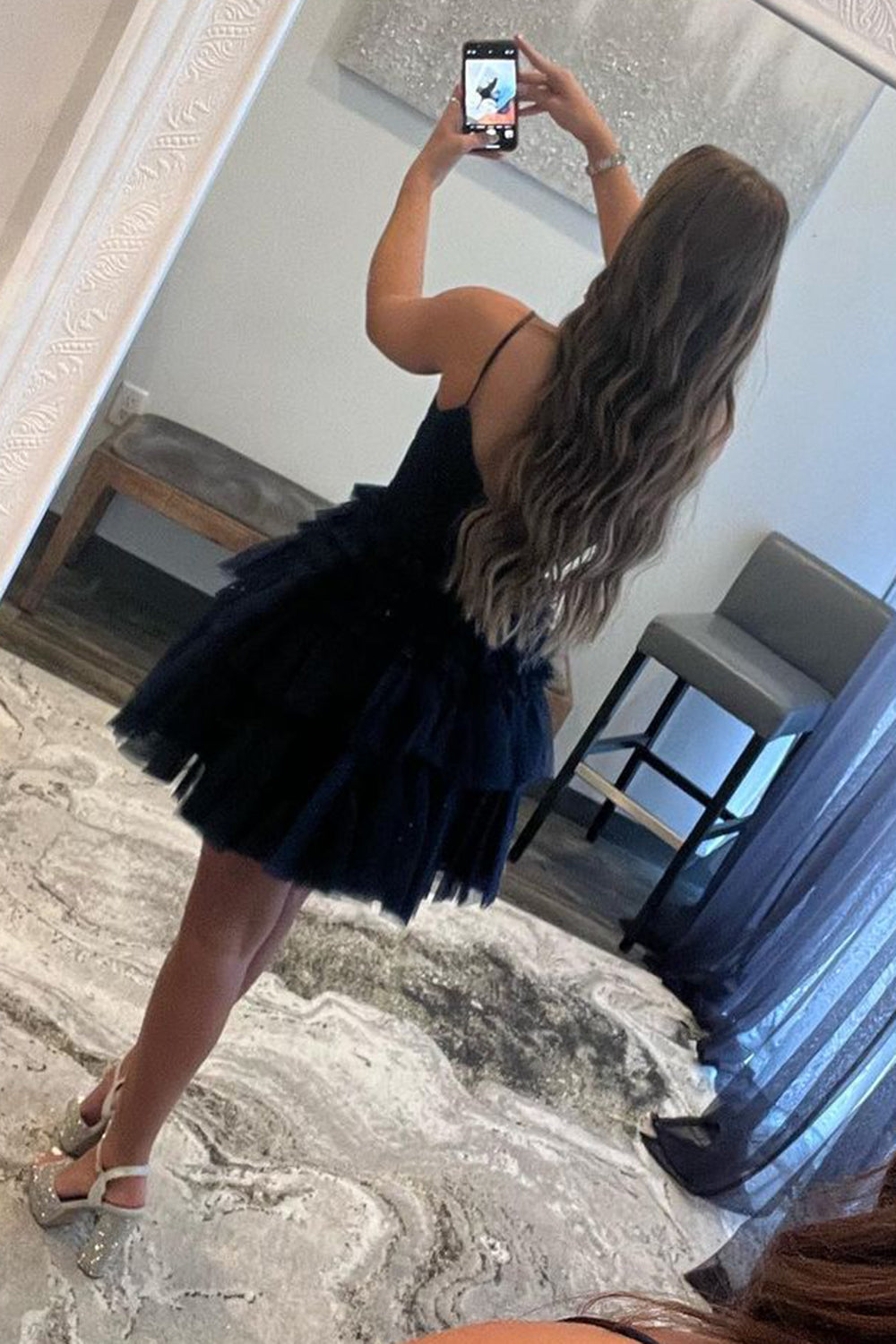 Glitter Navy Homecoming Dresses A-Line Tulle Tiered Short Cocktail Dresses