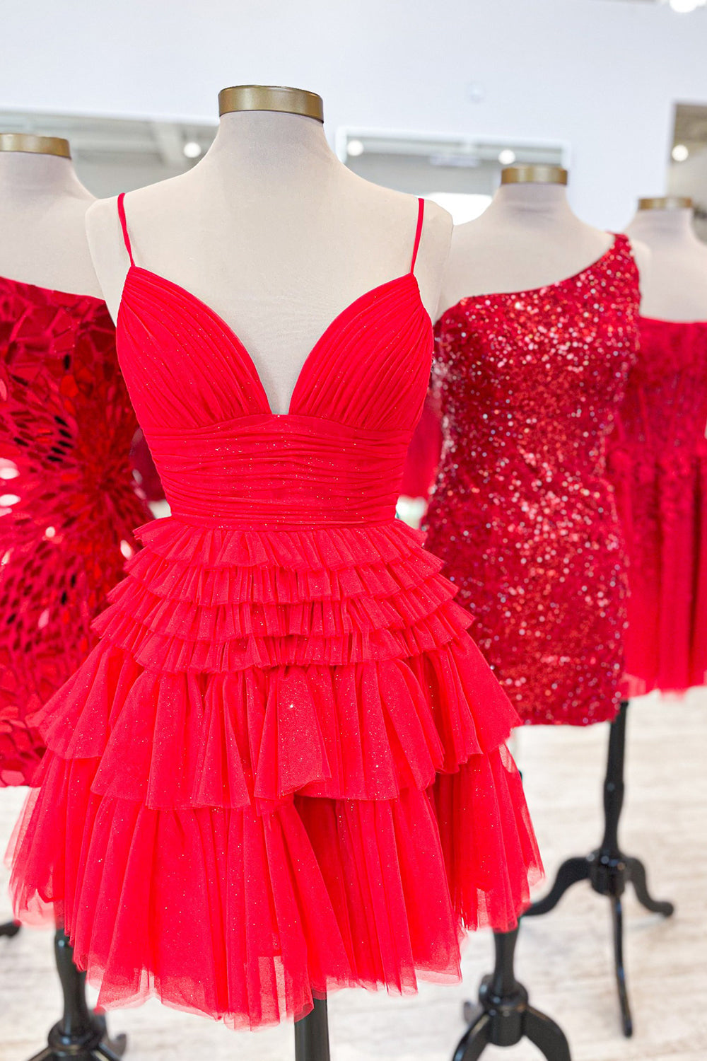 Glitter Navy Homecoming Dresses A-Line Tulle Tiered Short Cocktail Dresses