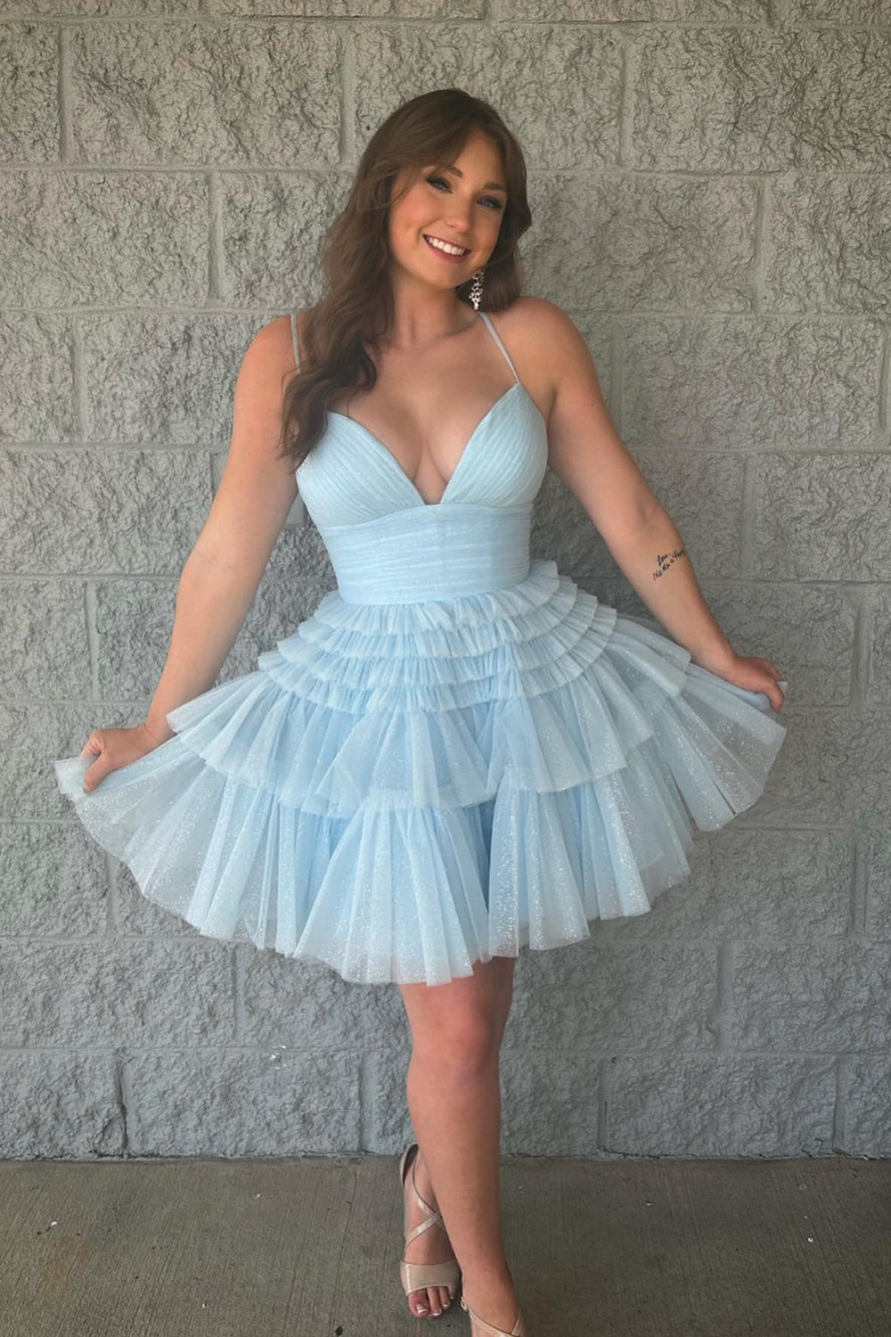Glitter Navy Homecoming Dresses A-Line Tulle Tiered Short Cocktail Dresses
