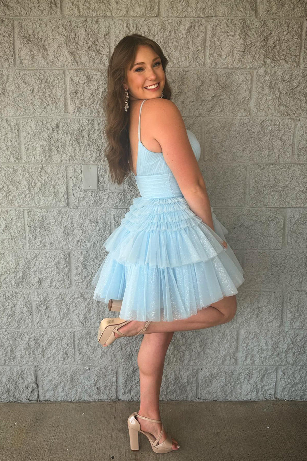Glitter Navy Homecoming Dresses A-Line Tulle Tiered Short Cocktail Dresses