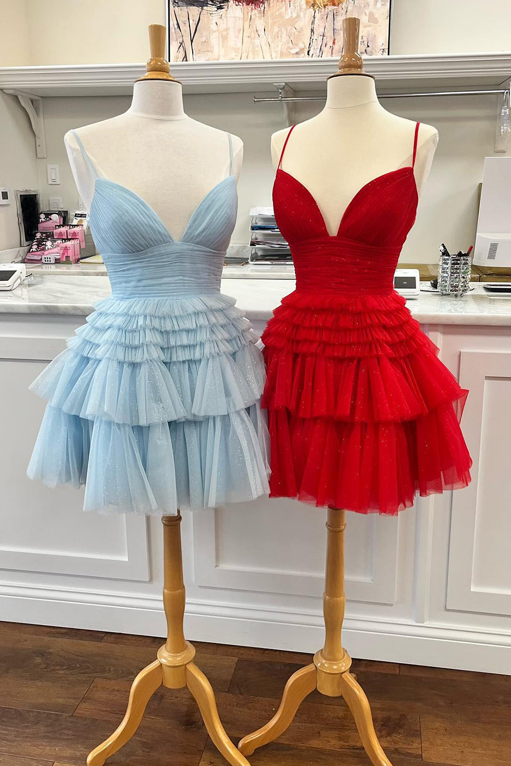 Glitter Navy Homecoming Dresses A-Line Tulle Tiered Short Cocktail Dresses