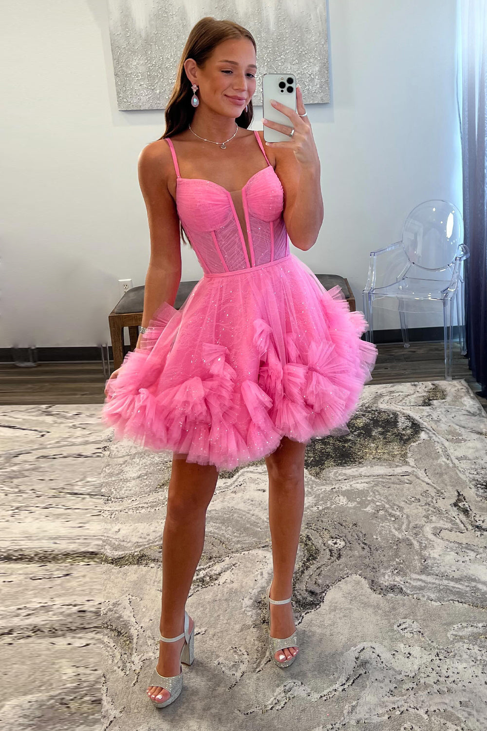 Glitter Pink Homecoming Dresses Corset Tulle A-Line Tulle Short Cocktail Dresses With Pocket