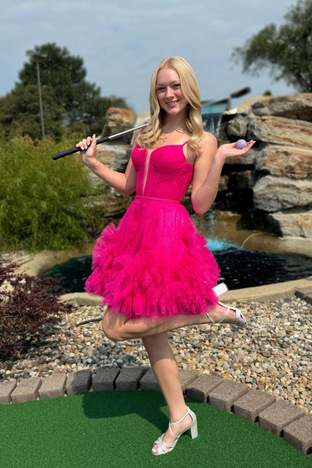 Glitter Pink Homecoming Dresses Corset Tulle A-Line Tulle Short Cocktail Dresses With Pocket