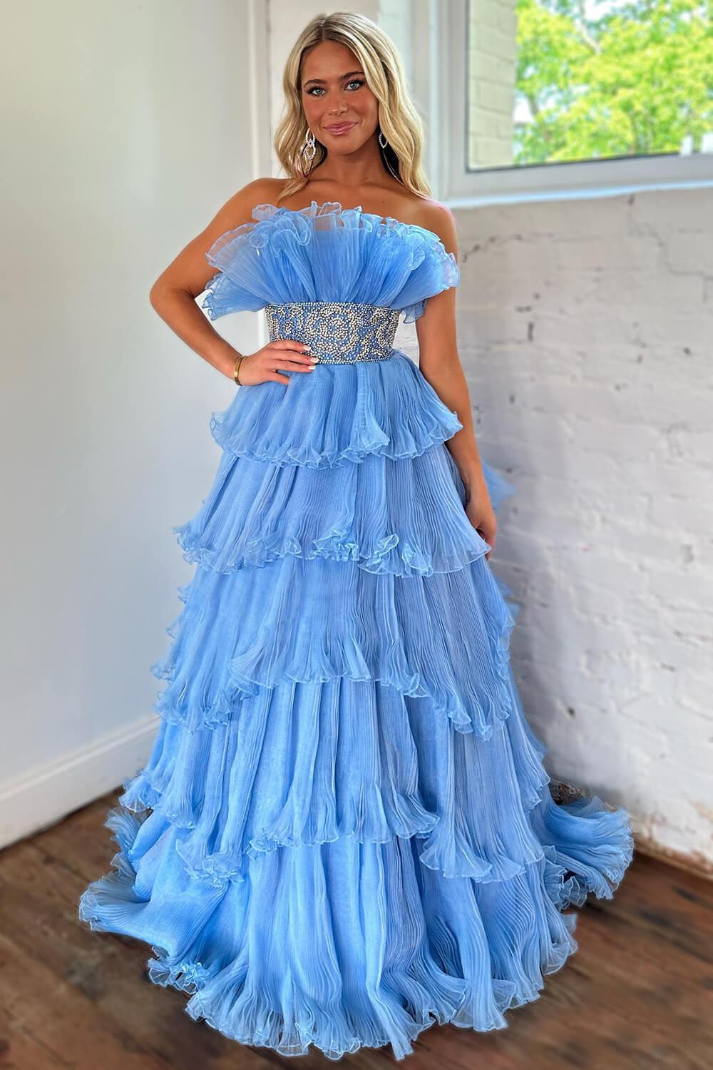 Blue Prom Dress Ruffled Beaded A-Line Long Formal Dress