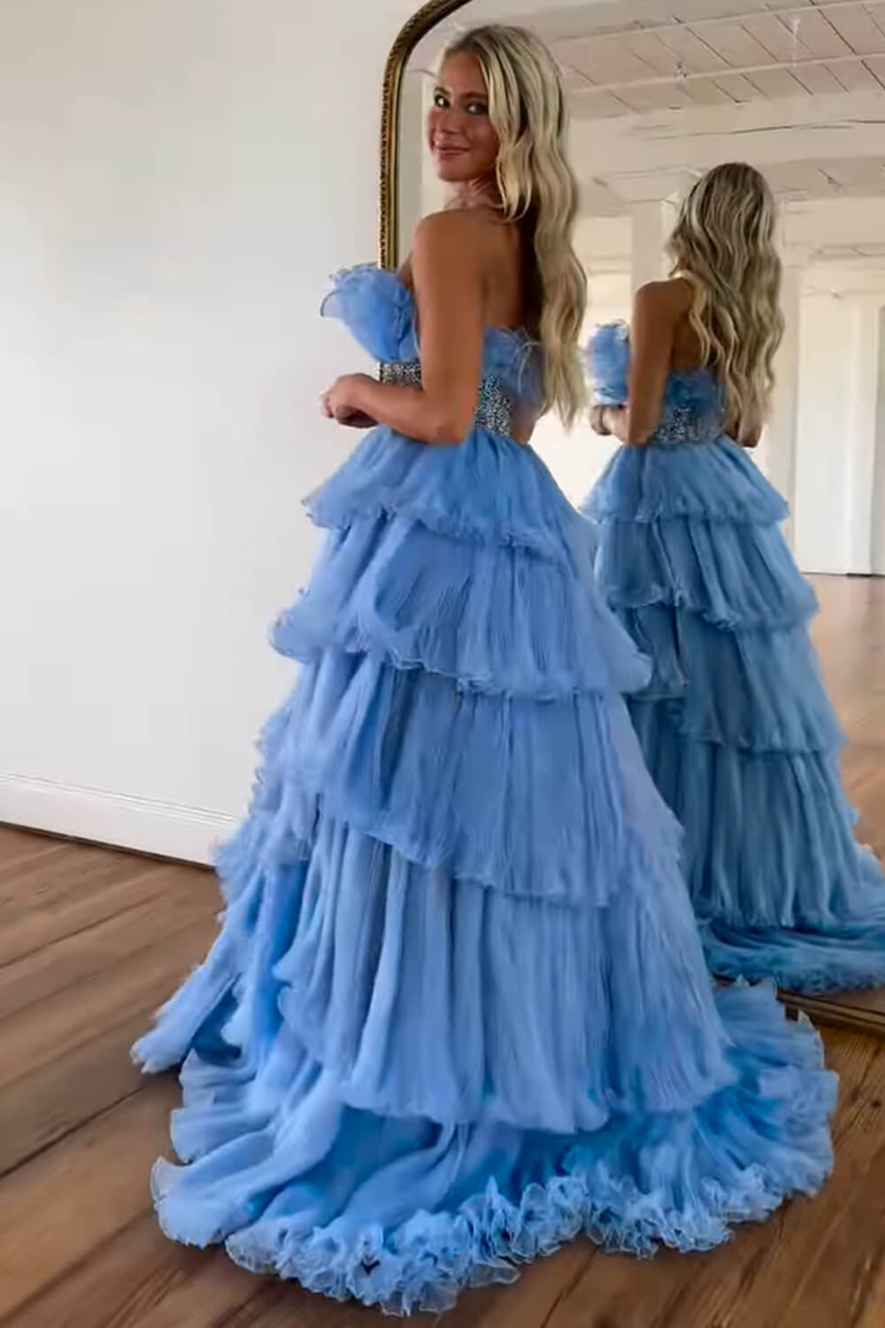 Blue Prom Dress Ruffled Beaded A-Line Long Formal Dress