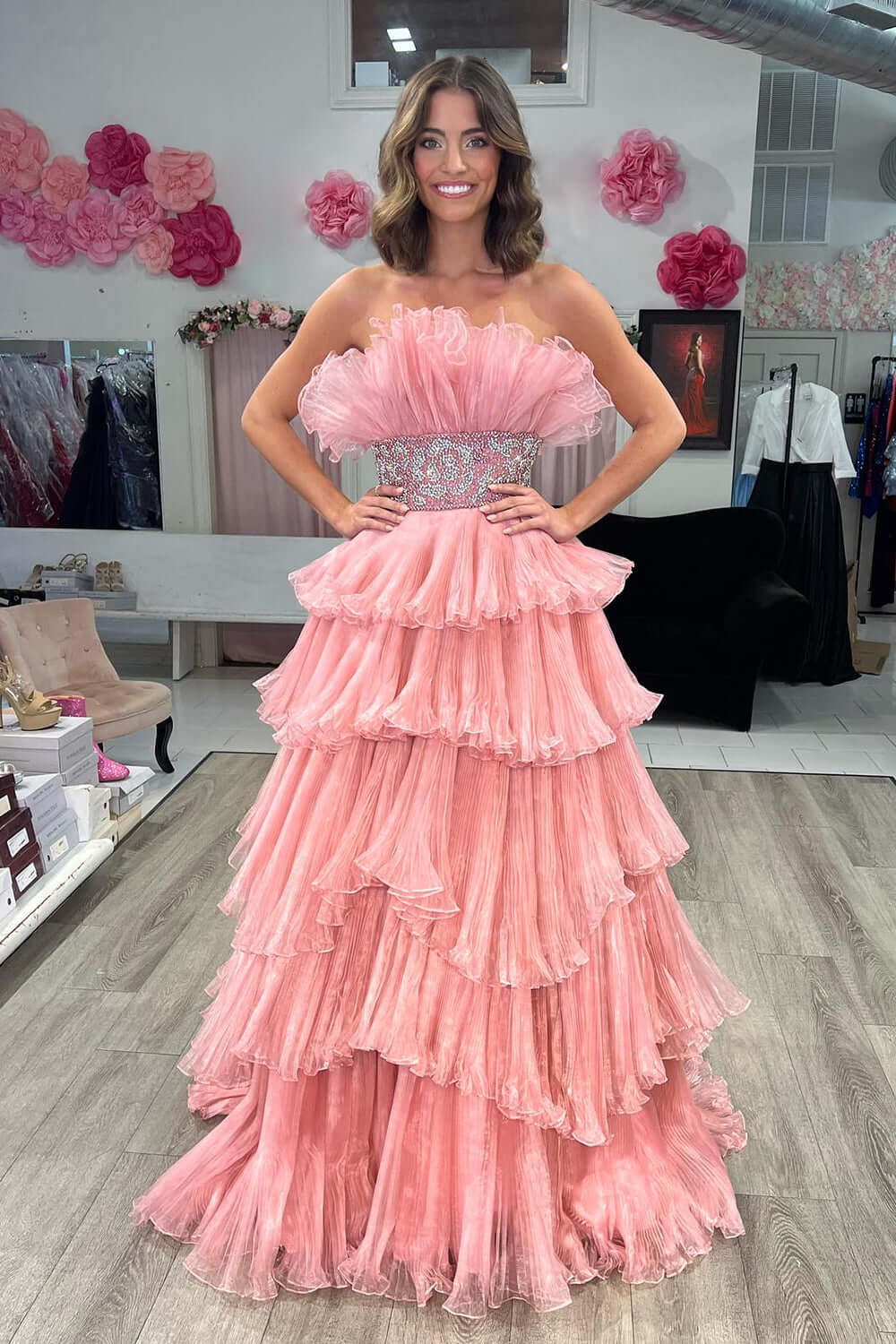 Blue Prom Dress Ruffled Beaded A-Line Long Formal Dress