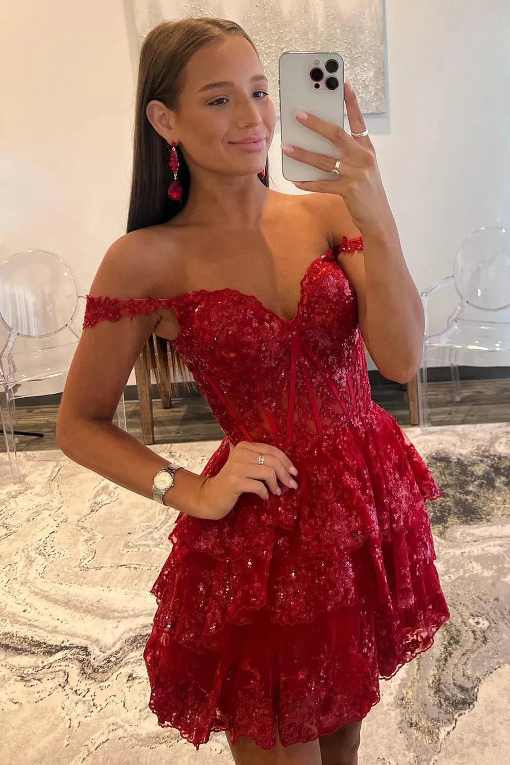 Glitter Fuchsia Homecoming Dresses Tiered A-Line Short Lace Prom Dress