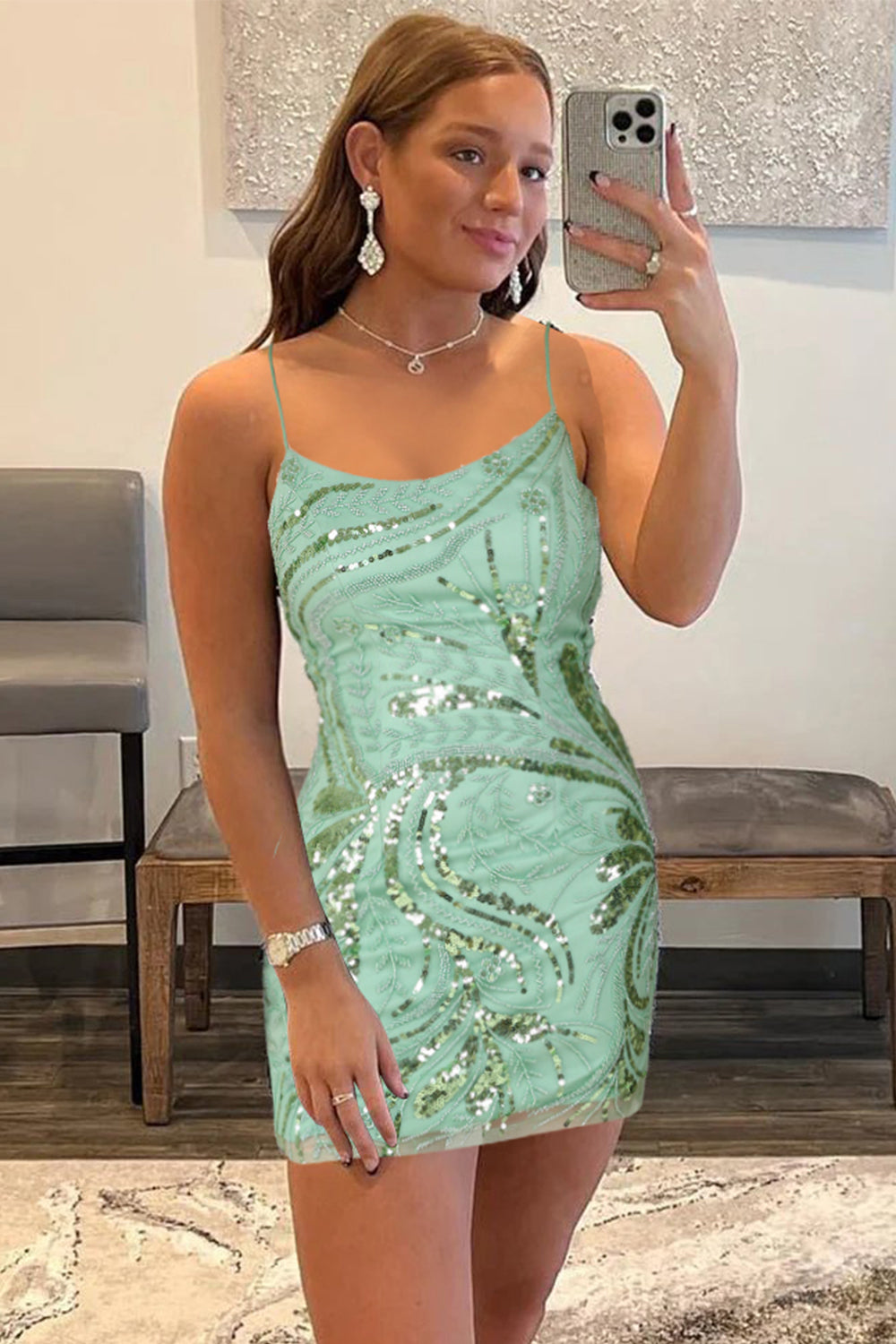 Glitter Green Homecoming Dresses Sequin Tight Beaded Short Cocktail Dresses