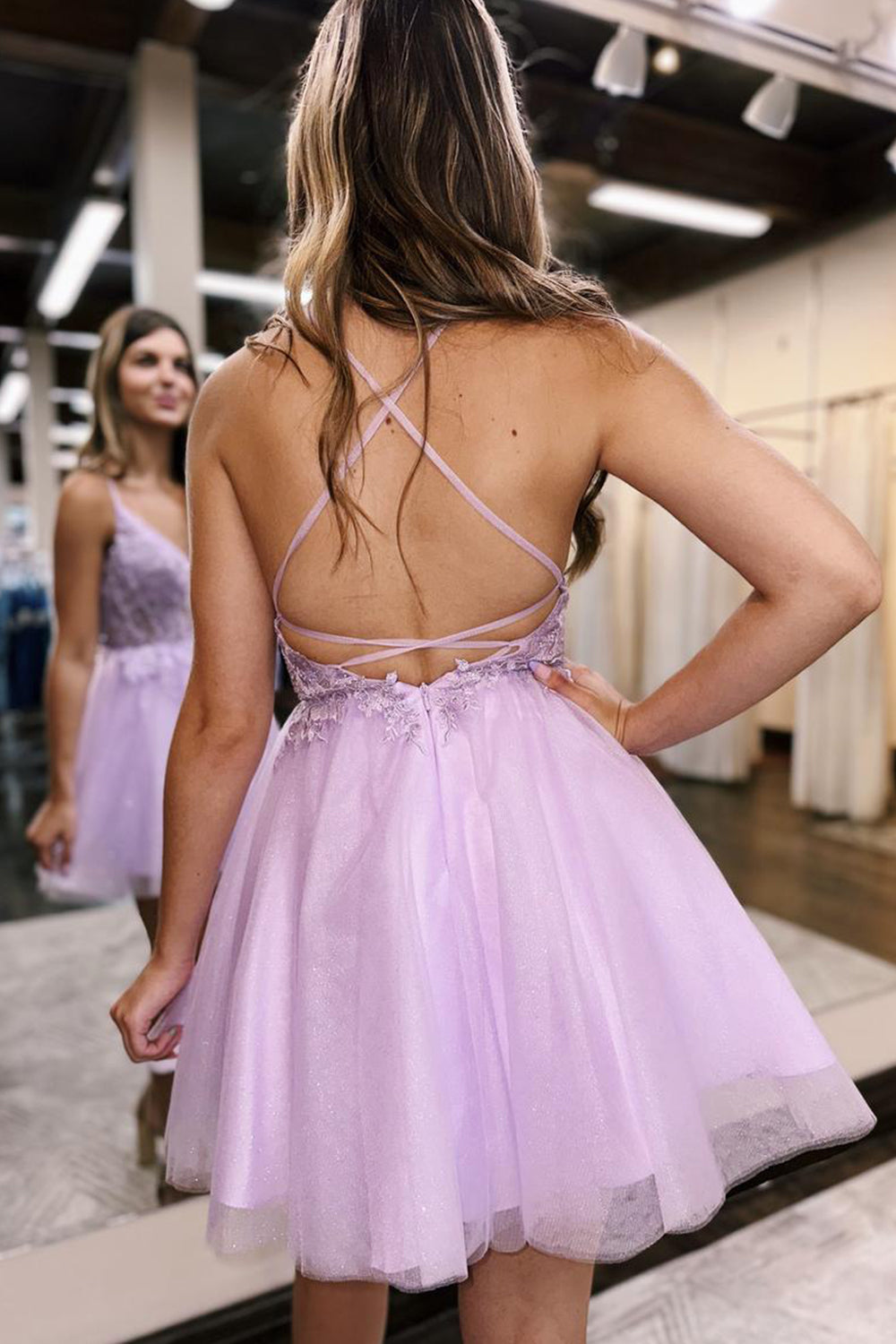 Glitter Lilac Homecoming Dresses Corset A-Line Tulle Short Cocktail Dresses with Lace