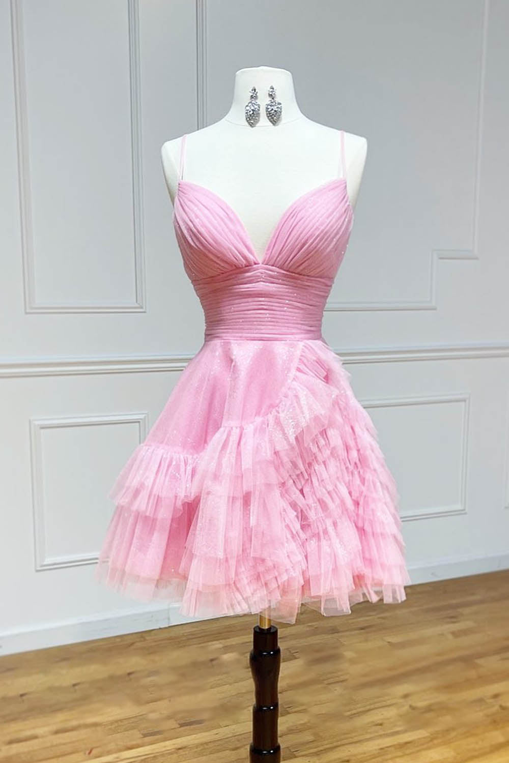 Glitter Pink Homecoming Dresses Tulle A-Line Short Ruffled Prom Dress