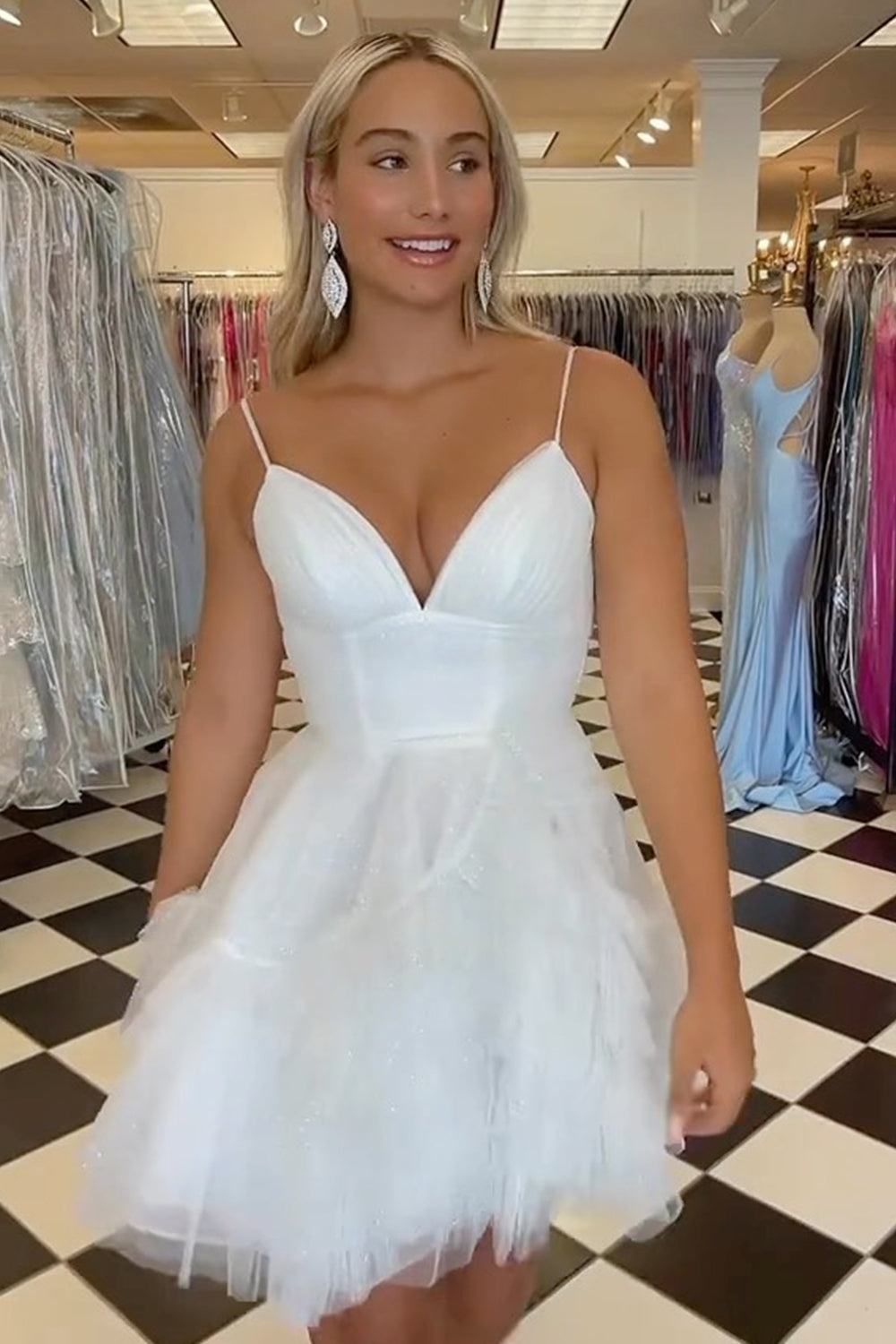 Glitter Pink Homecoming Dresses Tulle A-Line Short Ruffled Prom Dress