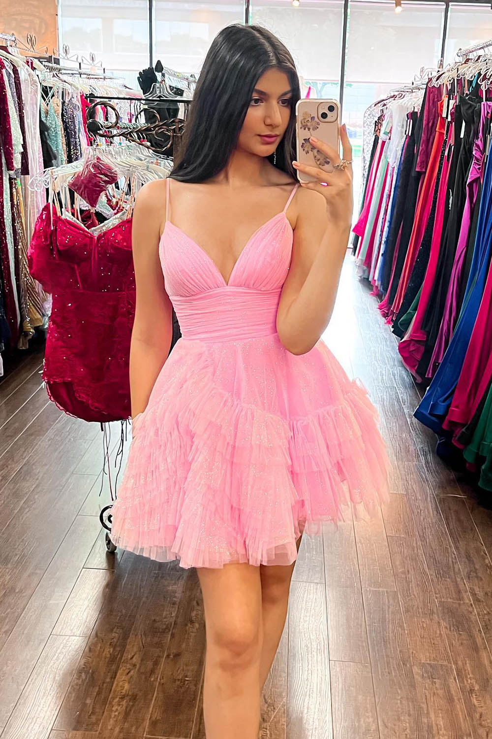 Glitter Pink Homecoming Dresses Tulle A-Line Short Ruffled Prom Dress