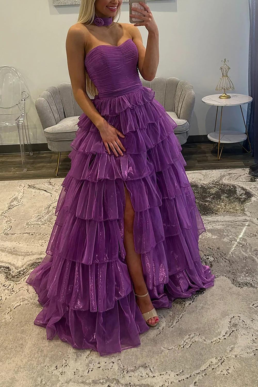 Suzhoufashion Glitter Purple Strapless Prom Dress Ball Gown Ruffled Pleated Long Formal Dress With Slit